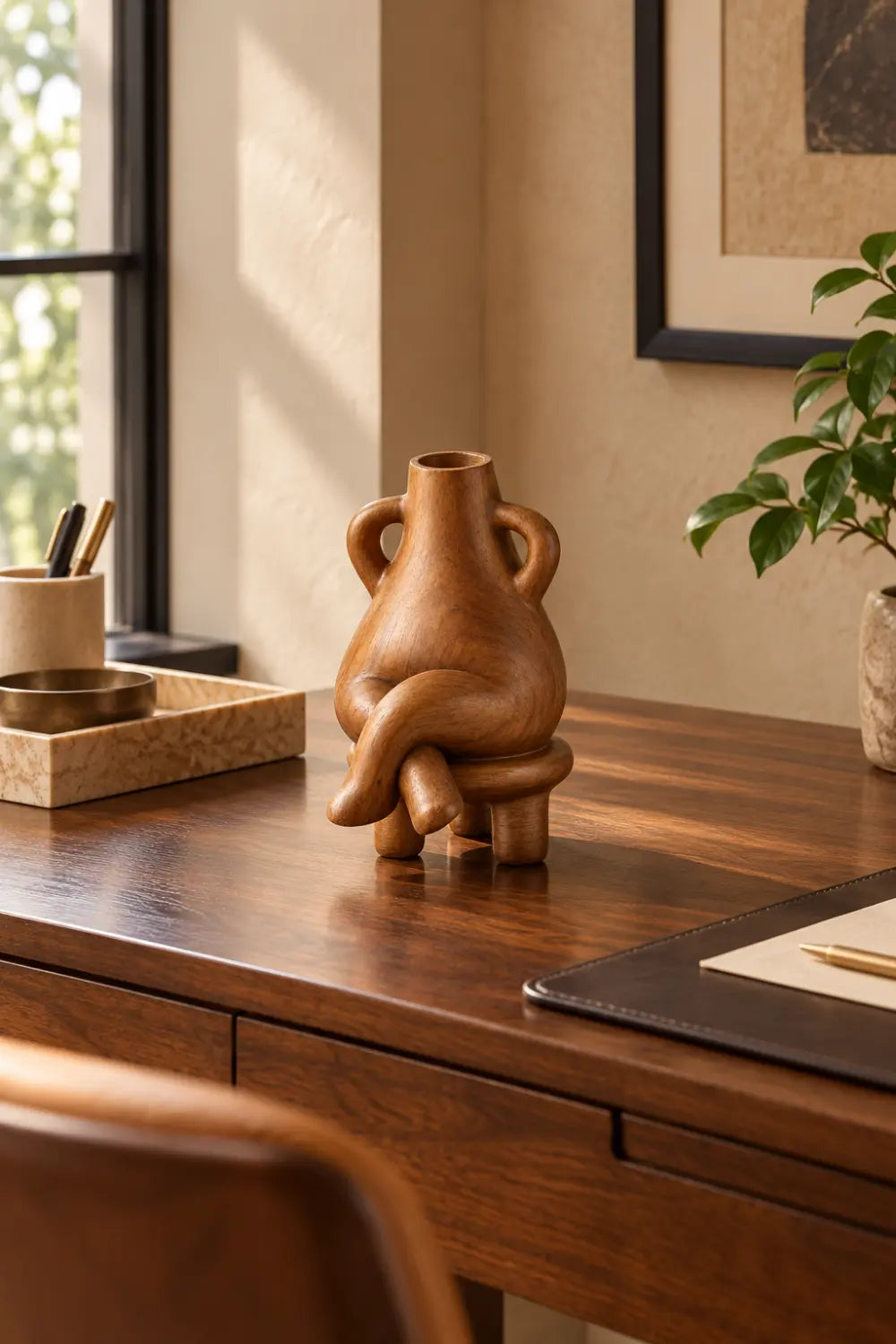 Anthropomorphic Wooden Vase Sculpture | Surreal Seated Figure Vessel Decor