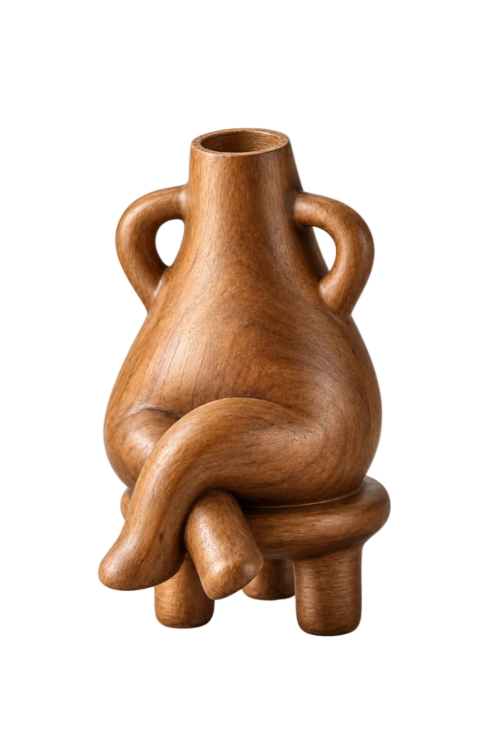 Anthropomorphic Wooden Vase Sculpture | Surreal Seated Figure Vessel Decor