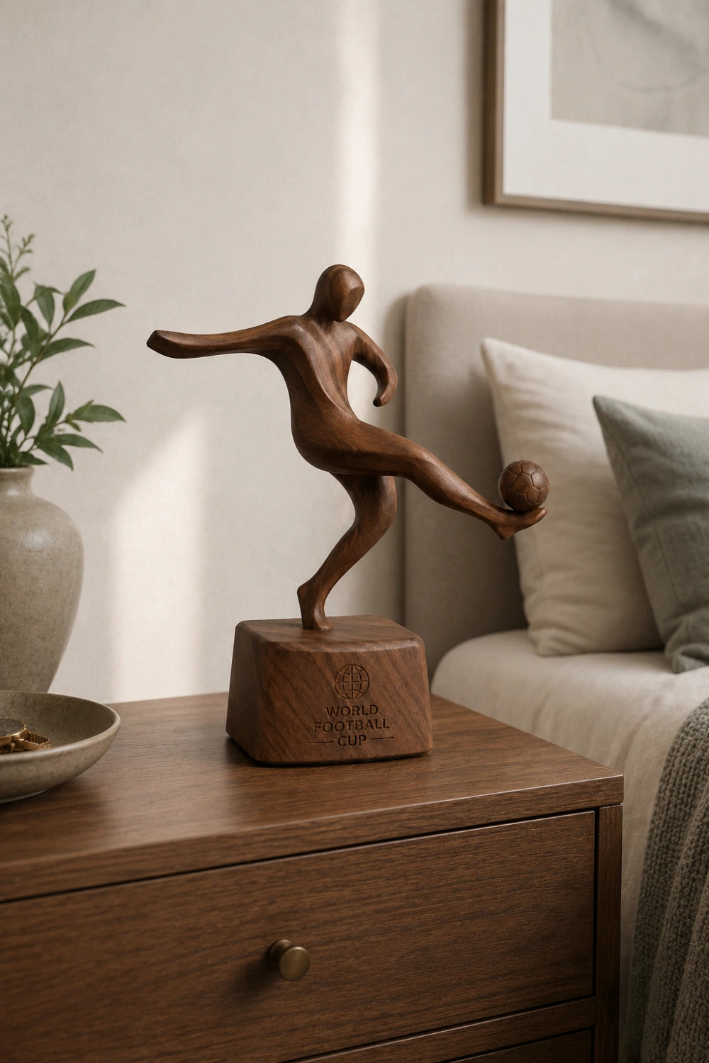 Dynamic Soccer Player Wood Sculpture | Modern Football Trophy Decor | Premium Sports Gift