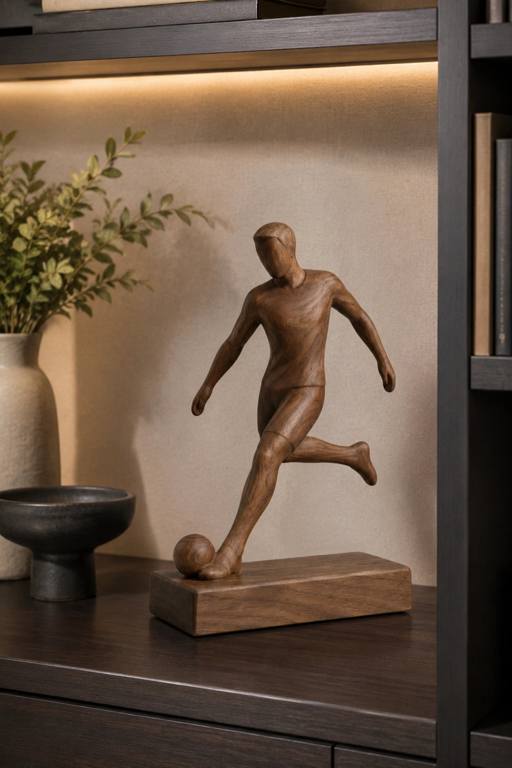 Artisanal Wood Soccer Figurine | World Cup Fan Memorabilia | Modern Sports Decor