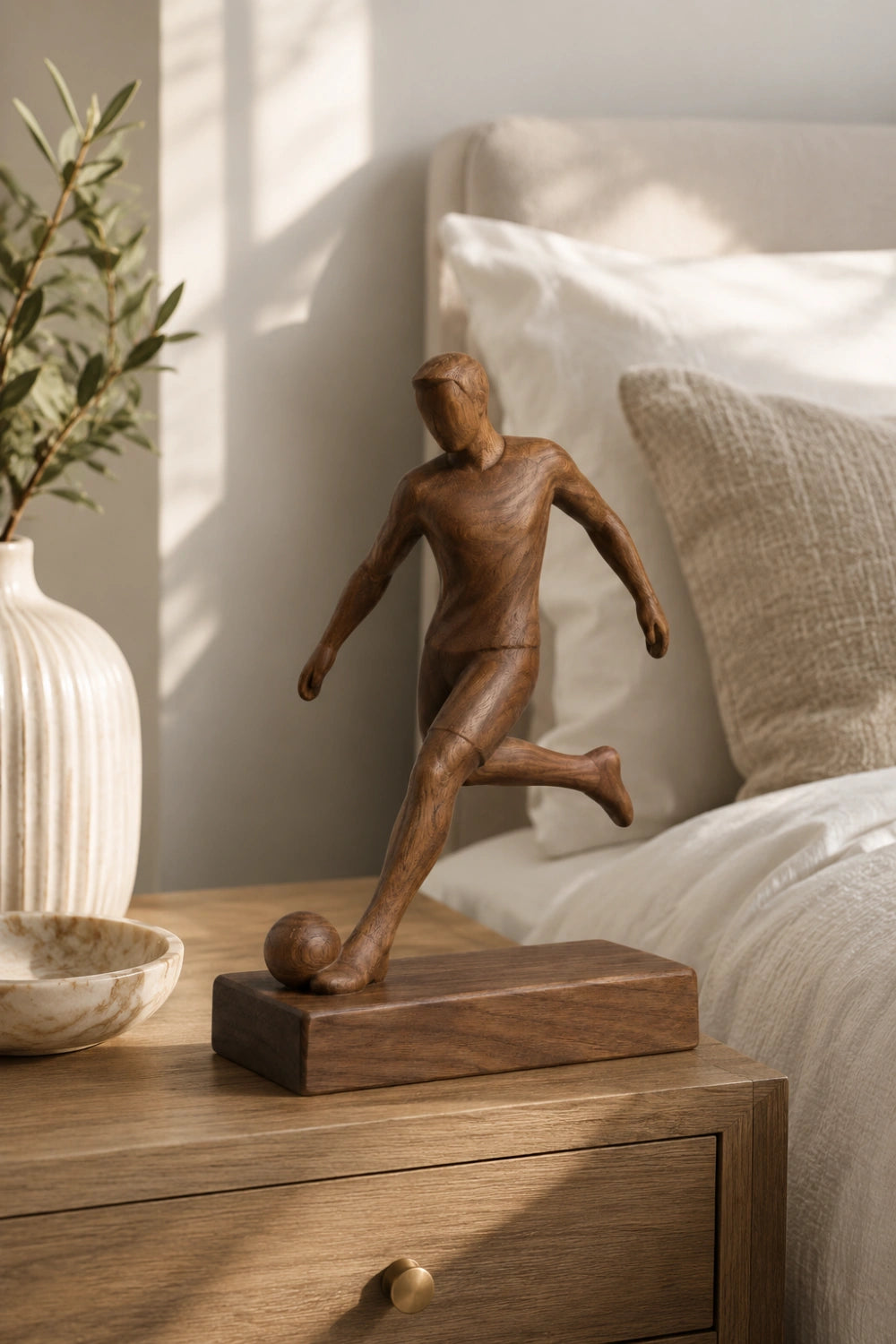 Artisanal Wood Soccer Figurine | World Cup Fan Memorabilia | Modern Sports Decor