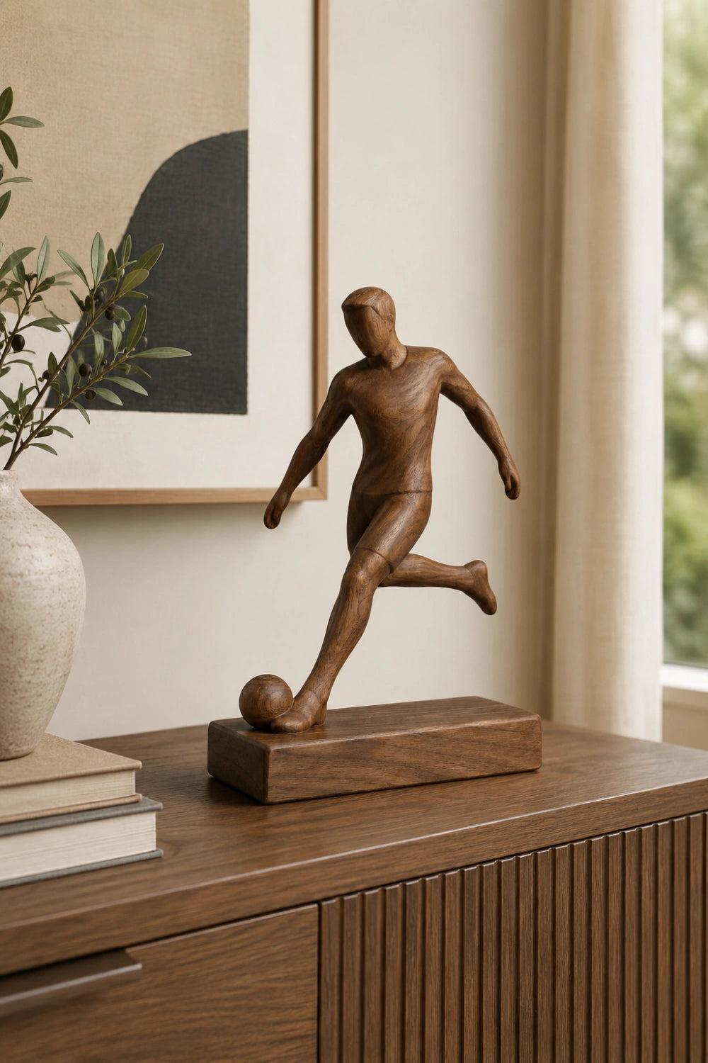 Artisanal Wood Soccer Figurine | World Cup Fan Memorabilia | Modern Sports Decor