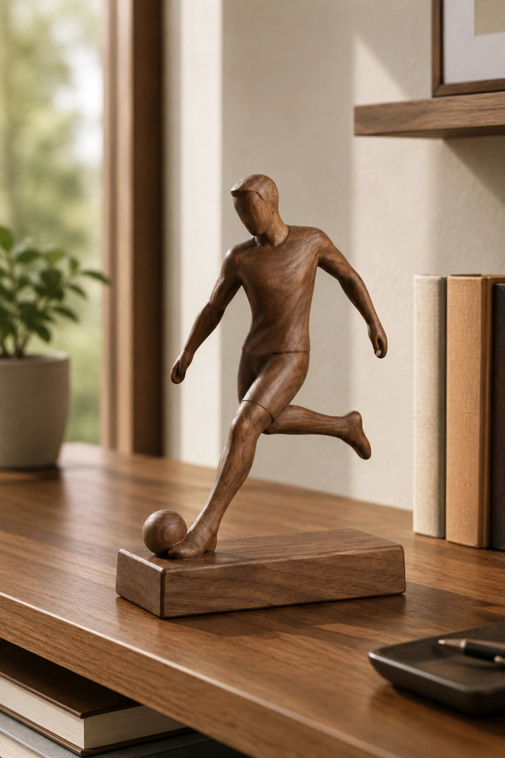 Artisanal Wood Soccer Figurine | World Cup Fan Memorabilia | Modern Sports Decor