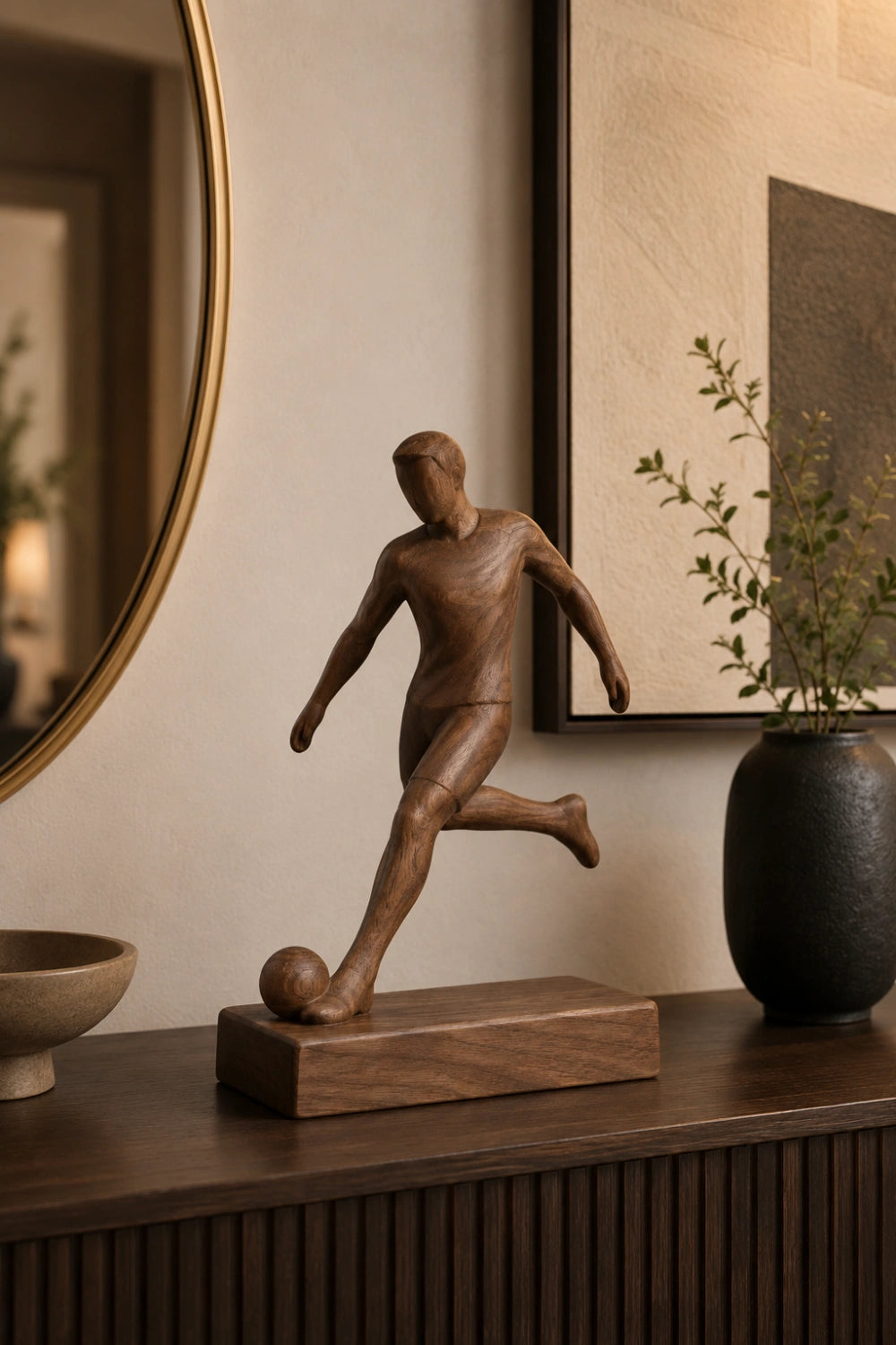 Artisanal Wood Soccer Figurine | World Cup Fan Memorabilia | Modern Sports Decor