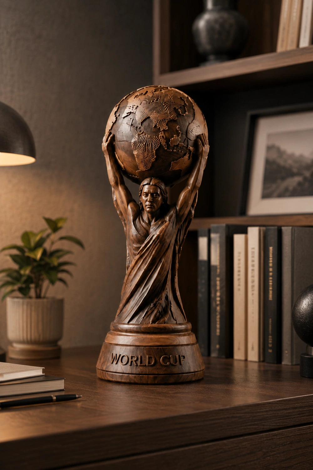 World Cup Globe Wood Sculpture | Aesthetic Football Trophy | Unique Sports Gift