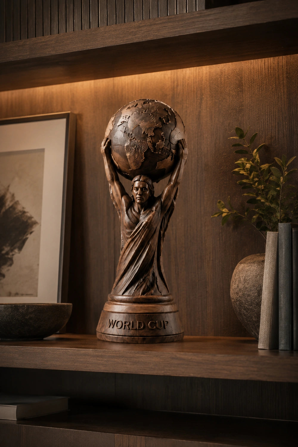 World Cup Globe Wood Sculpture | Aesthetic Football Trophy | Unique Sports Gift