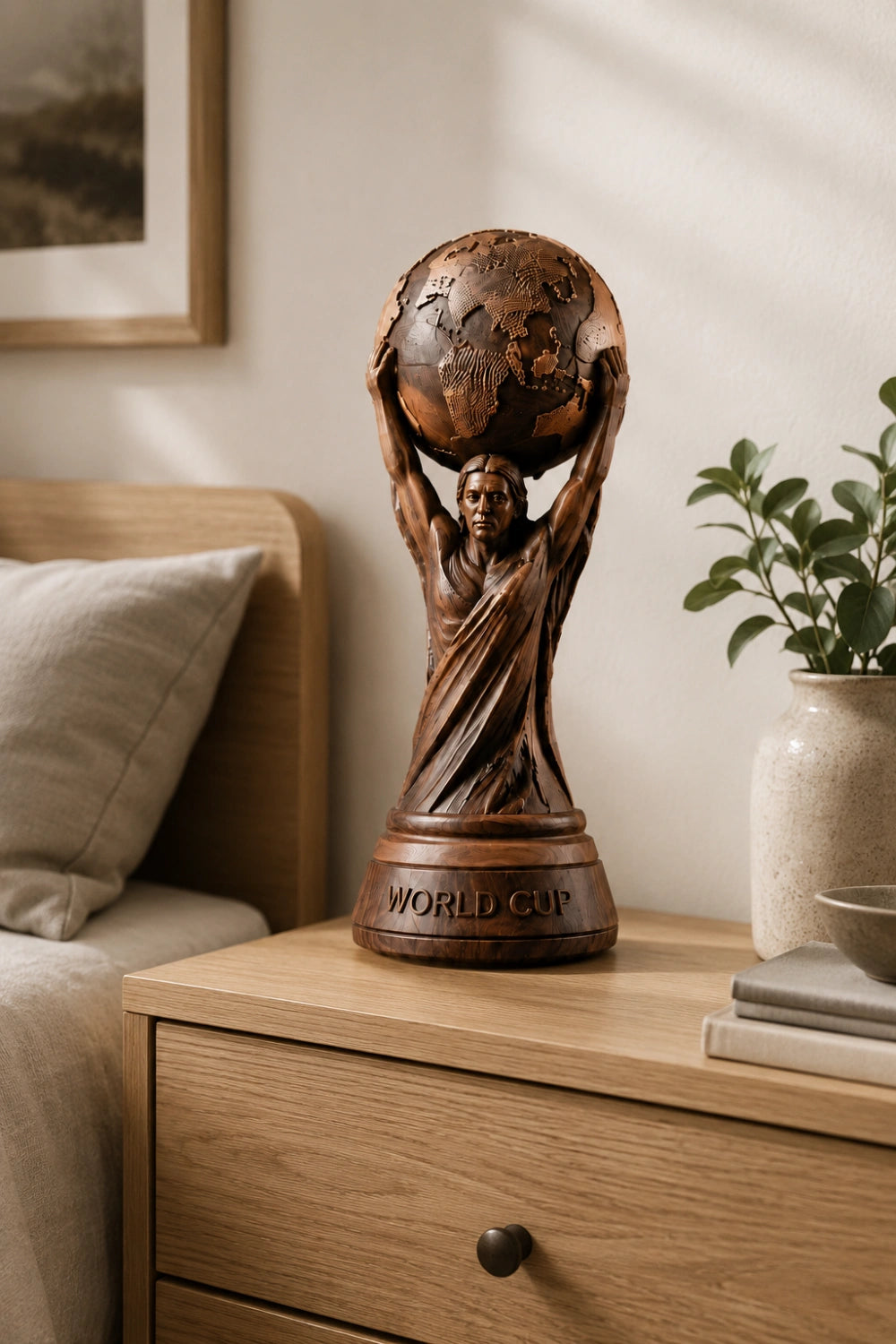 World Cup Globe Wood Sculpture | Aesthetic Football Trophy | Unique Sports Gift