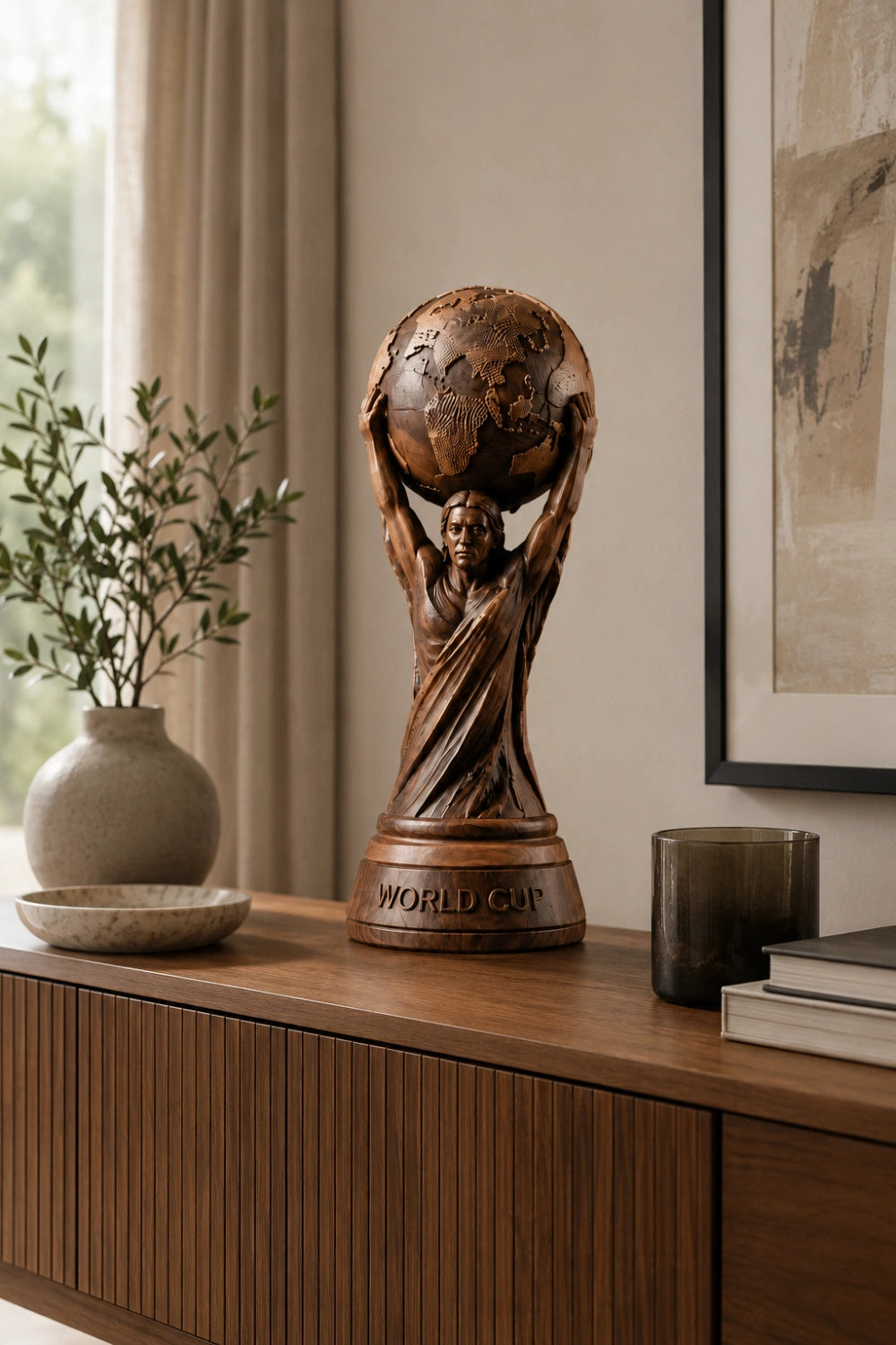 World Cup Globe Wood Sculpture | Aesthetic Football Trophy | Unique Sports Gift