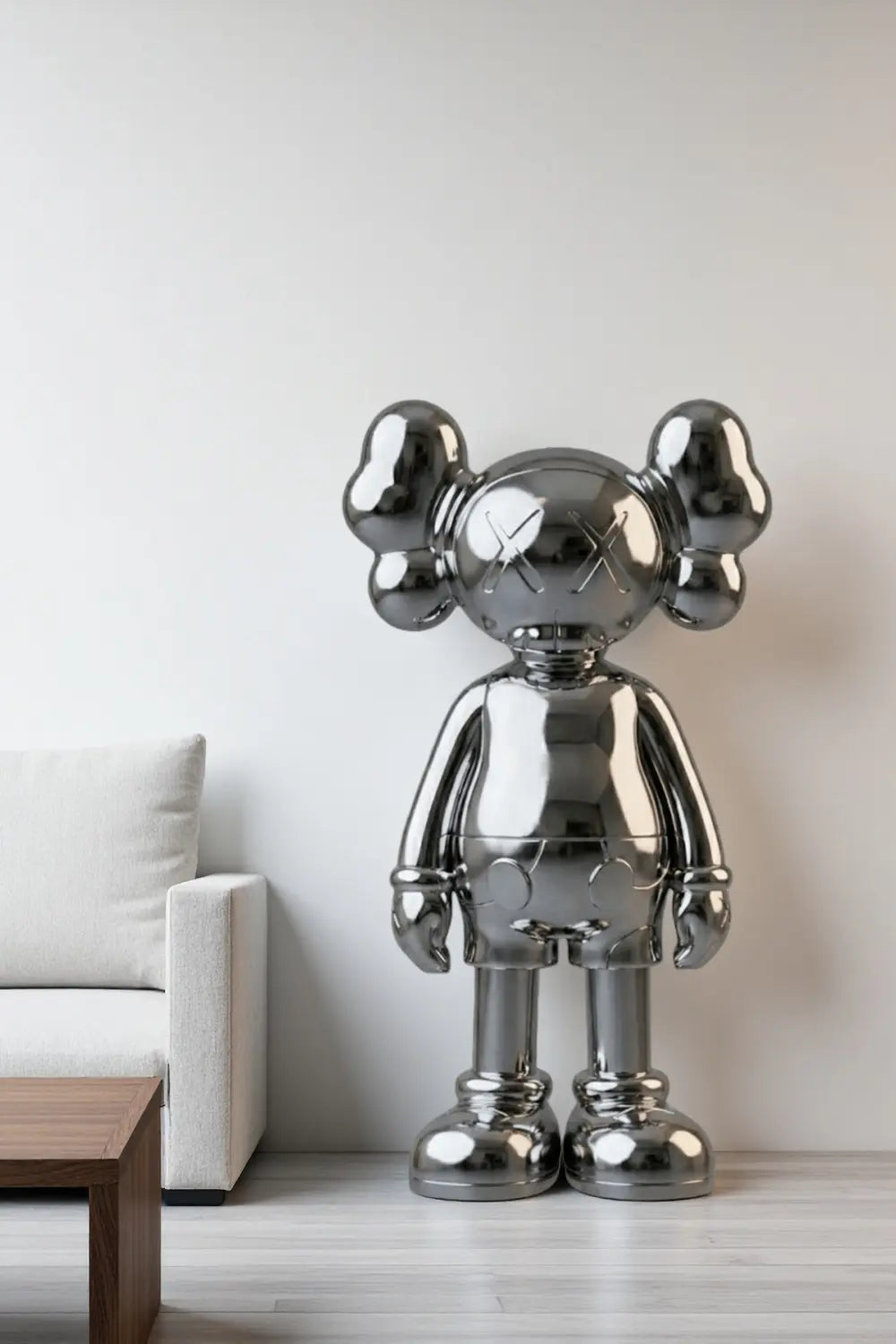Large Silver Kaws Style Statue Tall Modern Minimalist Sculpture Art Decor