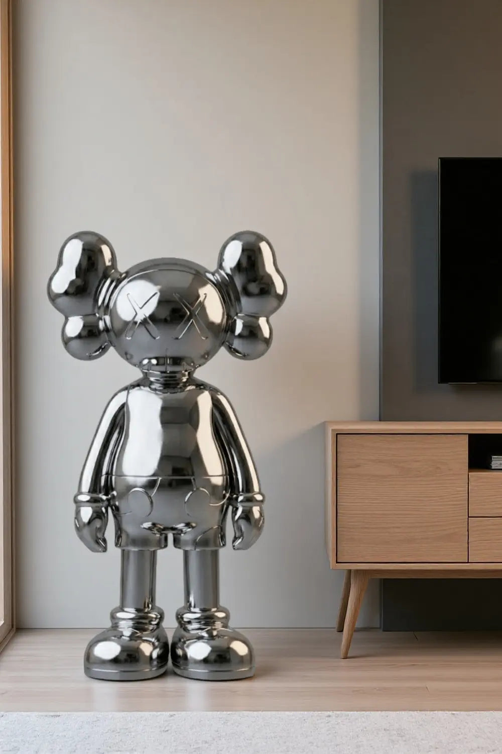Large Silver Kaws Style Statue Tall Modern Minimalist Sculpture Art Decor