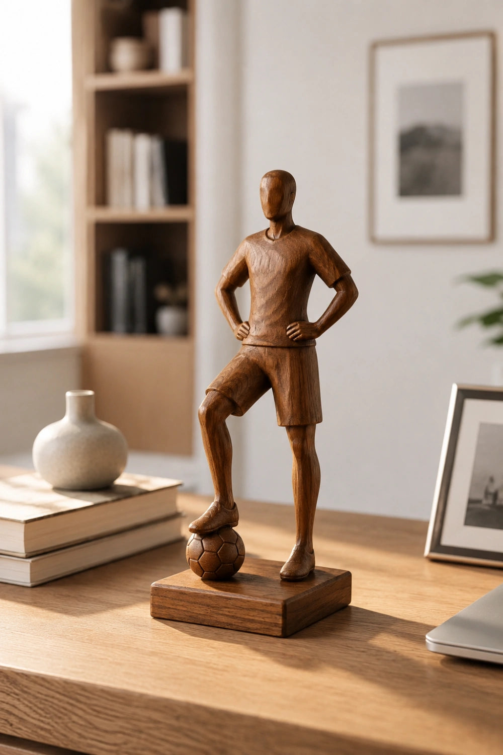 Elite Wood Soccer Player Statue | World Cup Hero Decor | Bespoke Fan Gift
