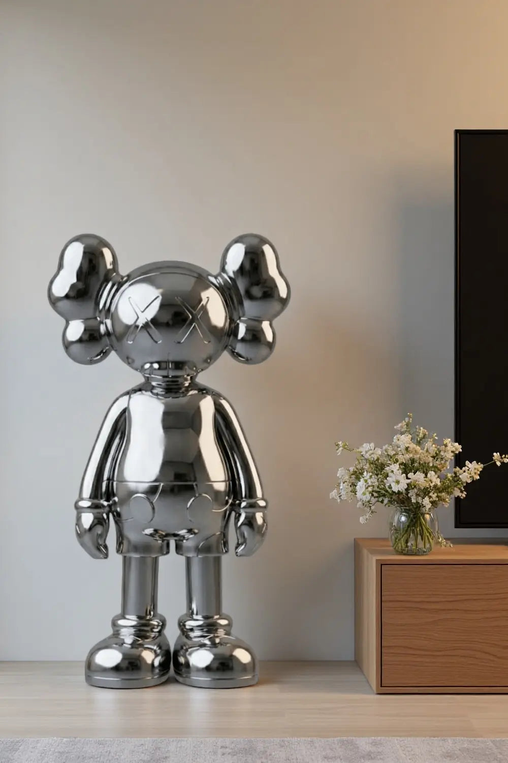 Large Silver Kaws Style Statue Tall Modern Minimalist Sculpture Art Decor