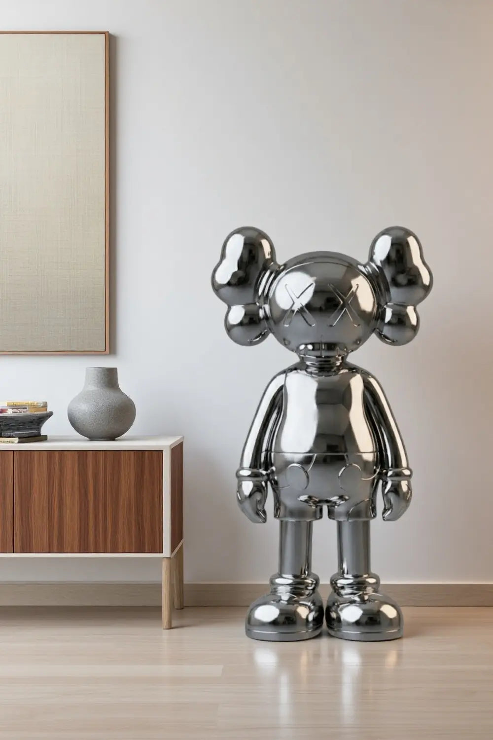 Large Silver Kaws Style Statue Tall Modern Minimalist Sculpture Art Decor