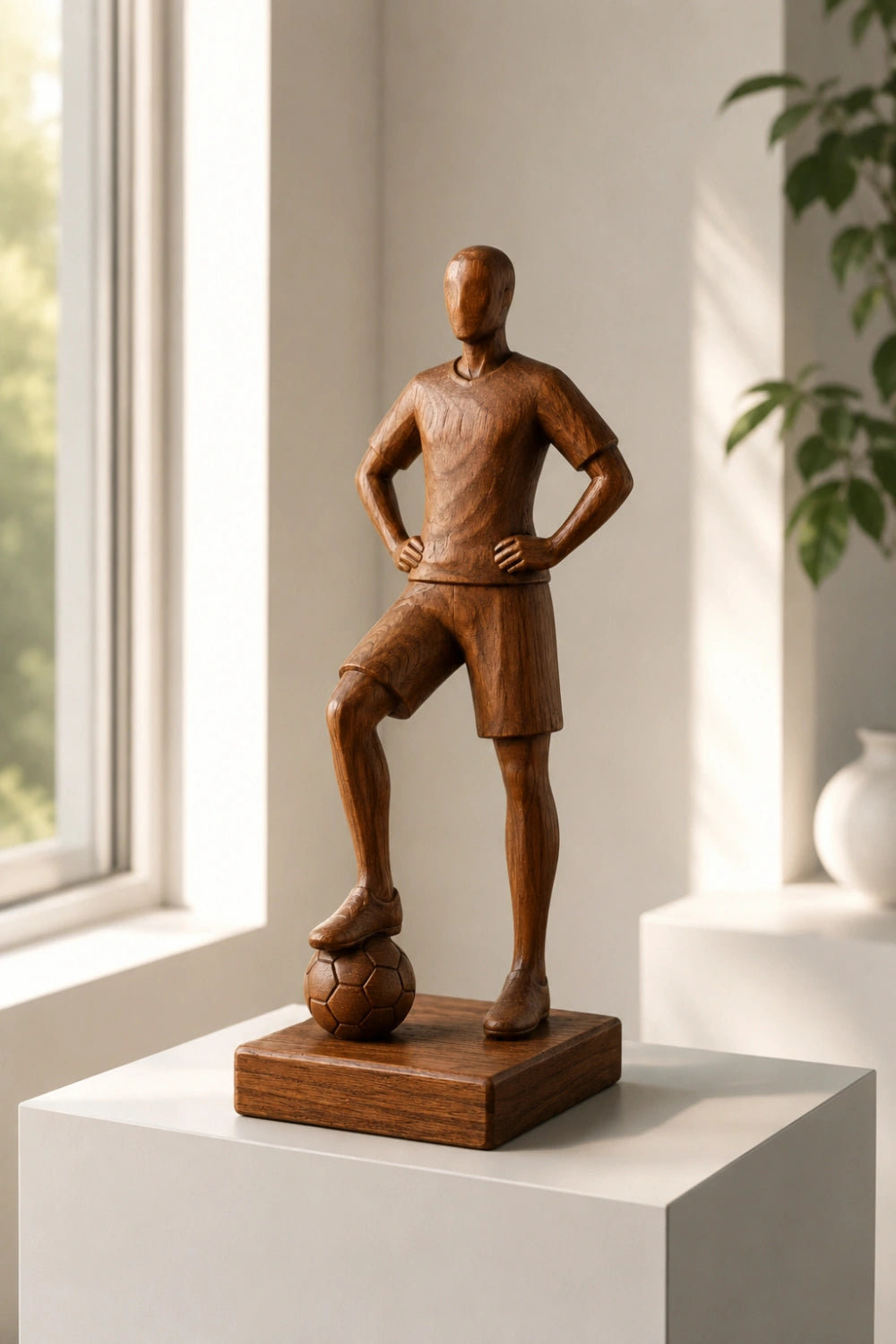 Elite Wood Soccer Player Statue | World Cup Hero Decor | Bespoke Fan Gift