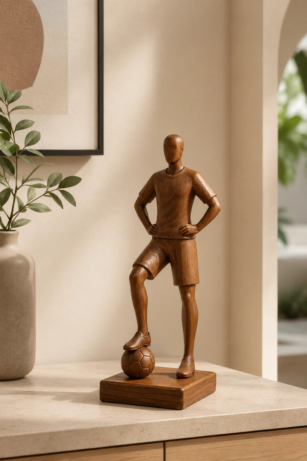 Elite Wood Soccer Player Statue | World Cup Hero Decor | Bespoke Fan Gift