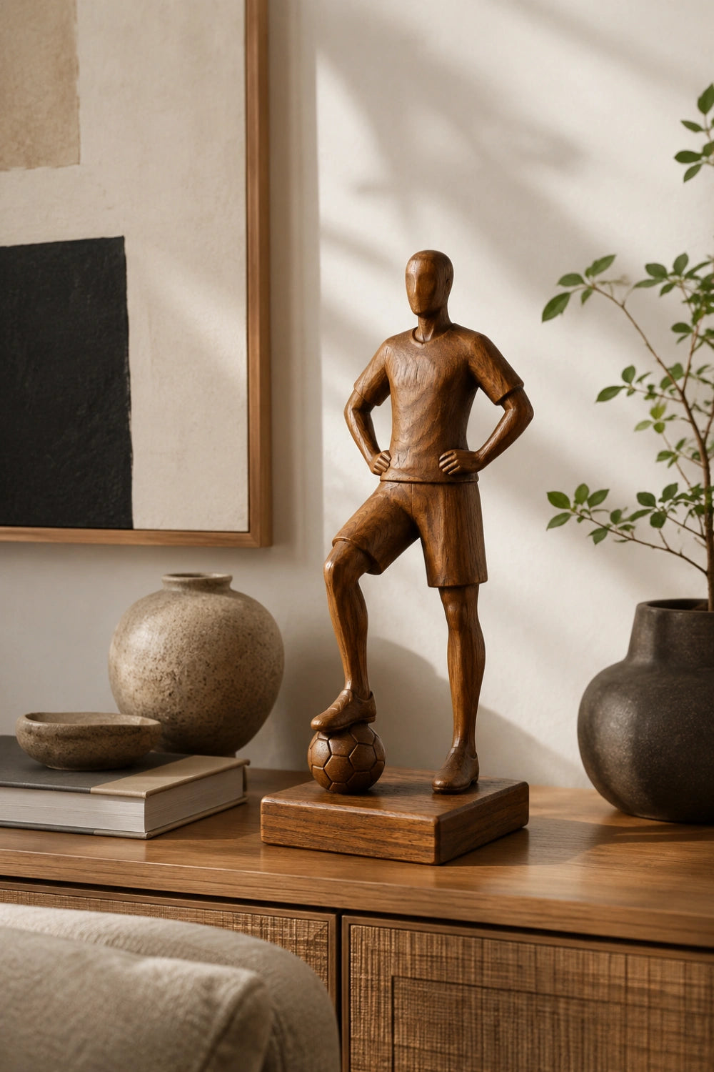 Elite Wood Soccer Player Statue | World Cup Hero Decor | Bespoke Fan Gift