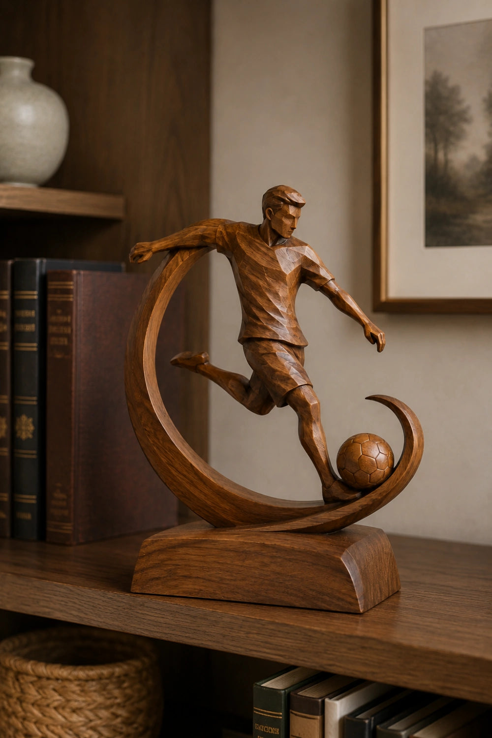 Modern Soccer Player Wood Carving | Artisan World Cup Sports Decor