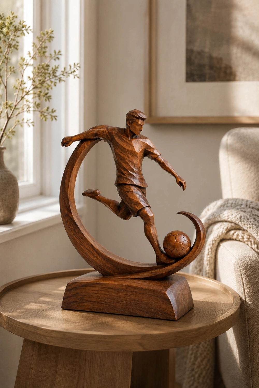 Modern Soccer Player Wood Carving | Artisan World Cup Sports Decor