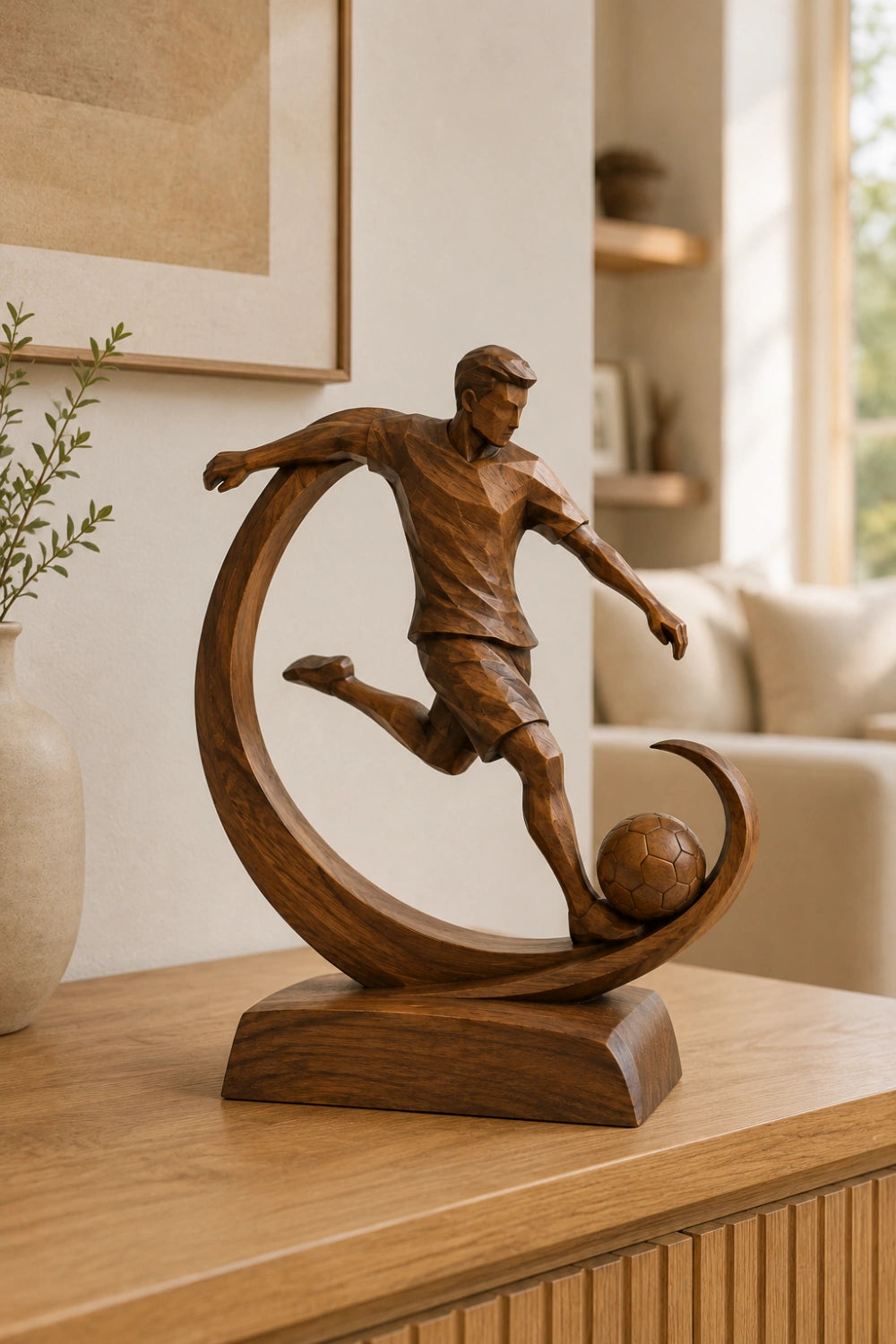 Modern Soccer Player Wood Carving | Artisan World Cup Sports Decor