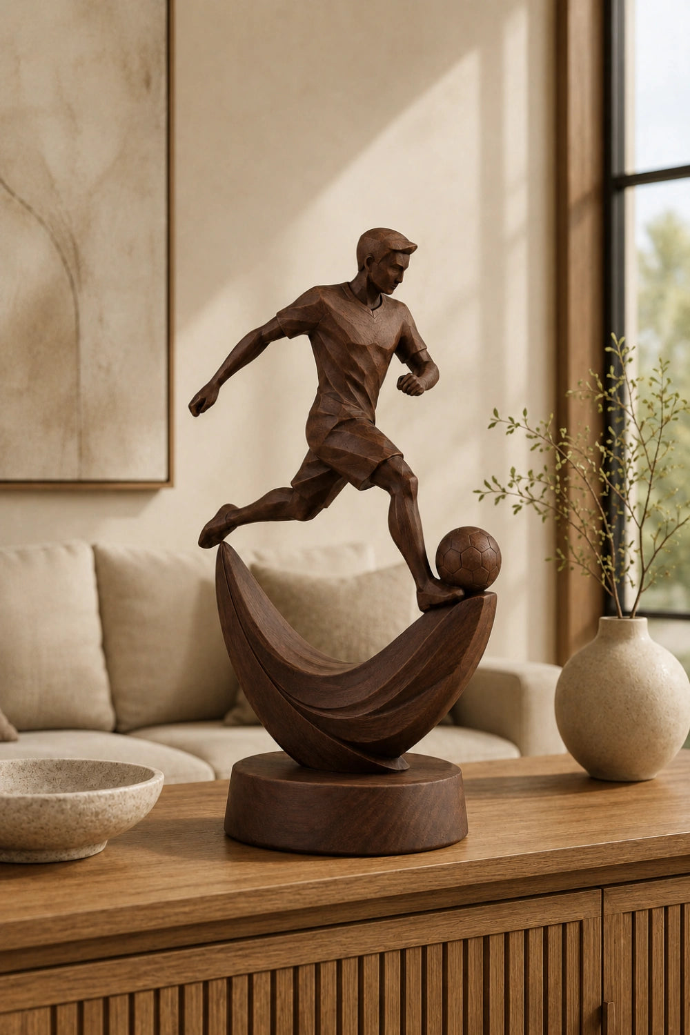 Geometric Wood Soccer Player Sculpture | Unique World Cup Souvenir