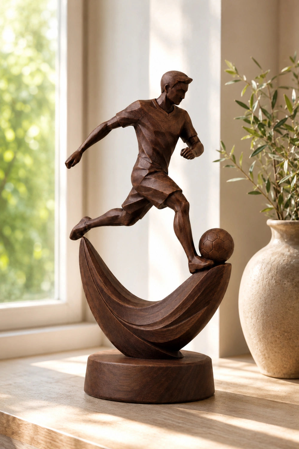 Geometric Wood Soccer Player Sculpture | Unique World Cup Souvenir