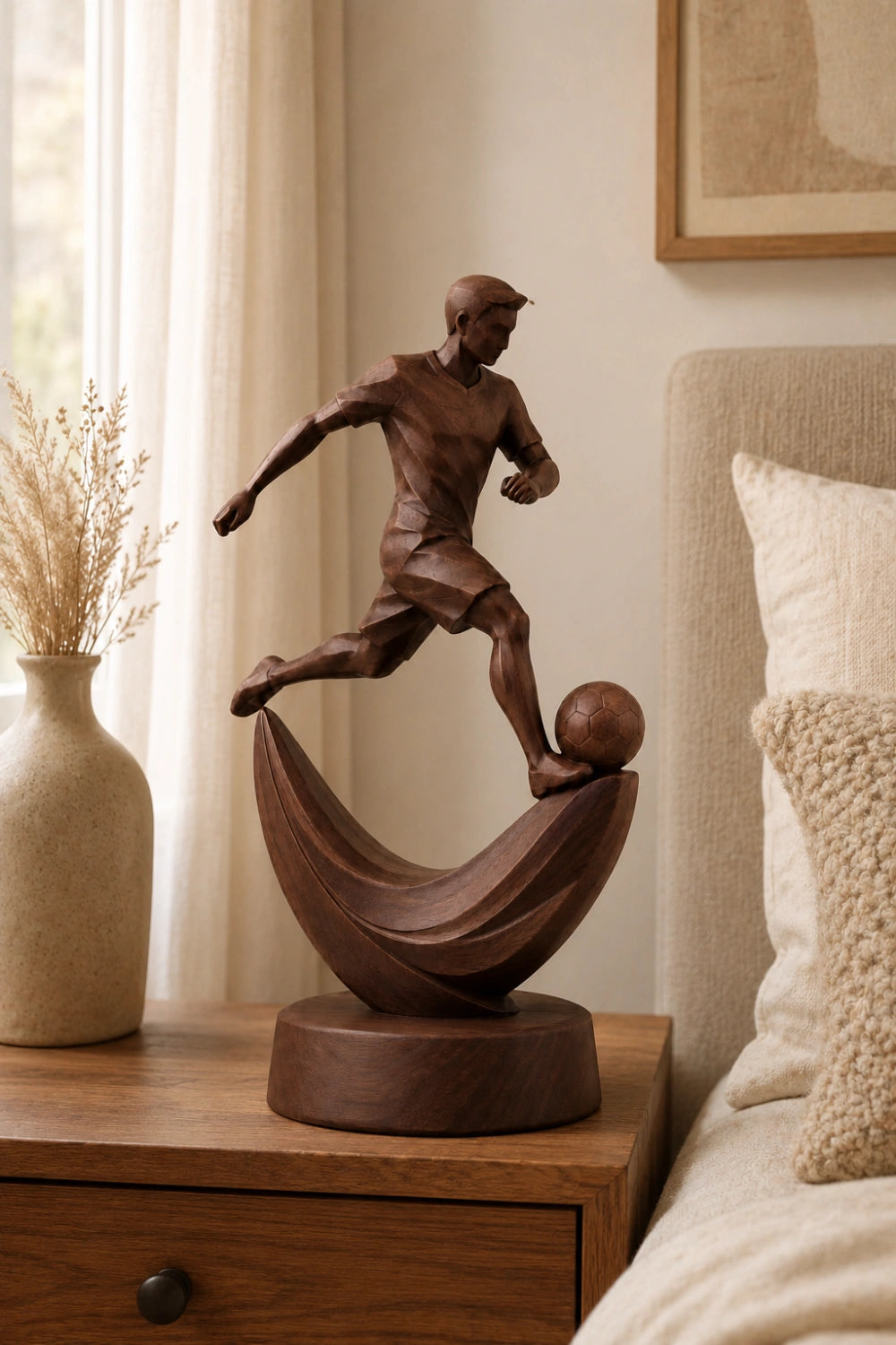 Geometric Wood Soccer Player Sculpture | Unique World Cup Souvenir