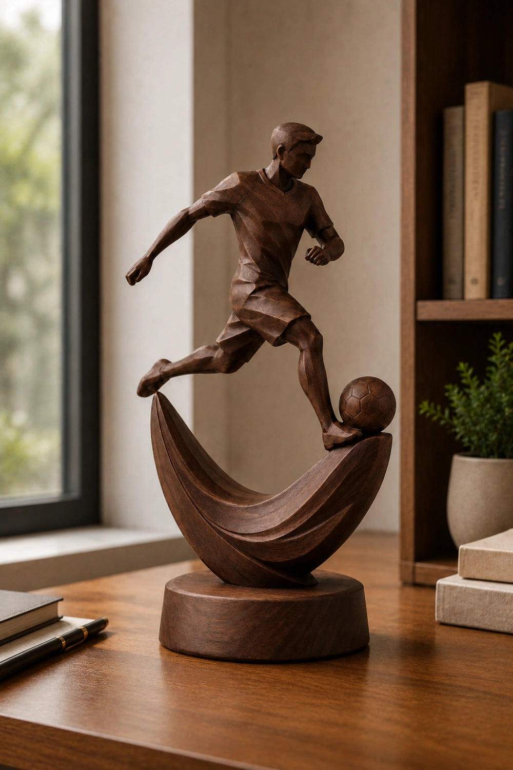 Geometric Wood Soccer Player Sculpture | Unique World Cup Souvenir
