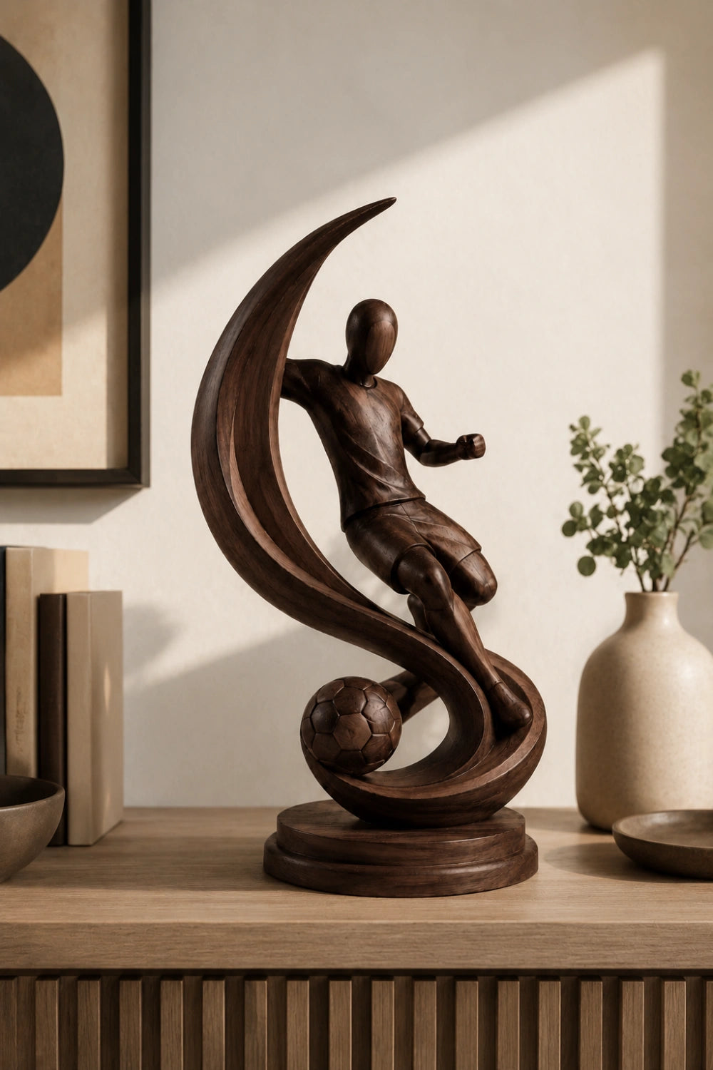 Kinetic Soccer Motion Wood Sculpture | Luxury World Cup Art Decor