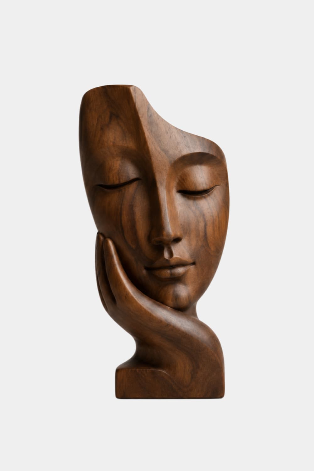 Abstract Face on Hand Wood Statue | Serene Meditation Room Decor