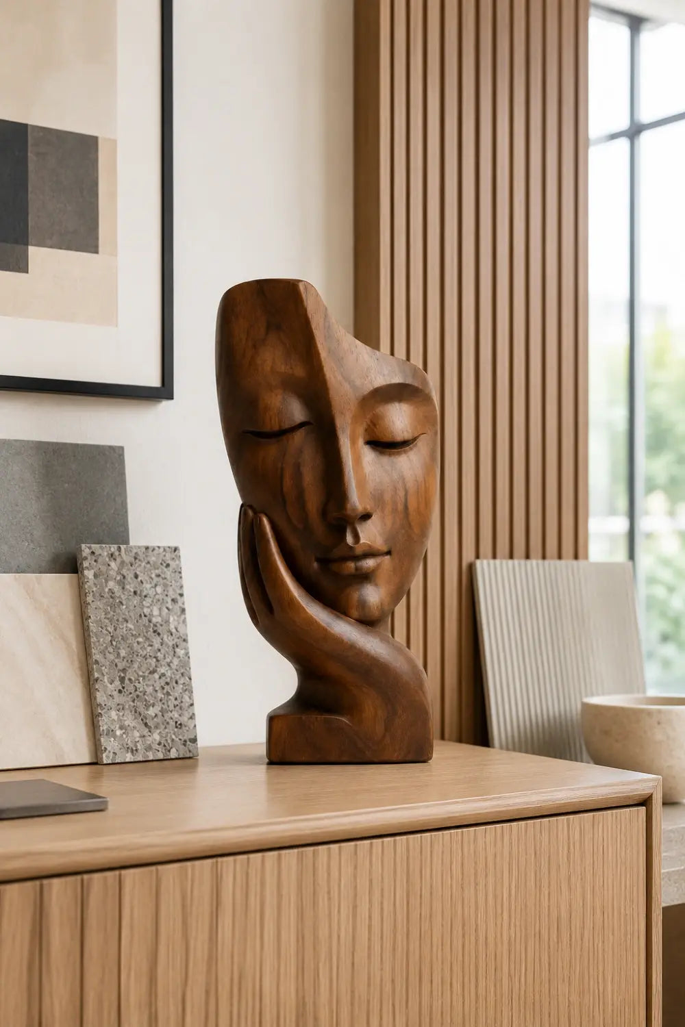 Abstract Face on Hand Wood Statue | Serene Meditation Room Decor