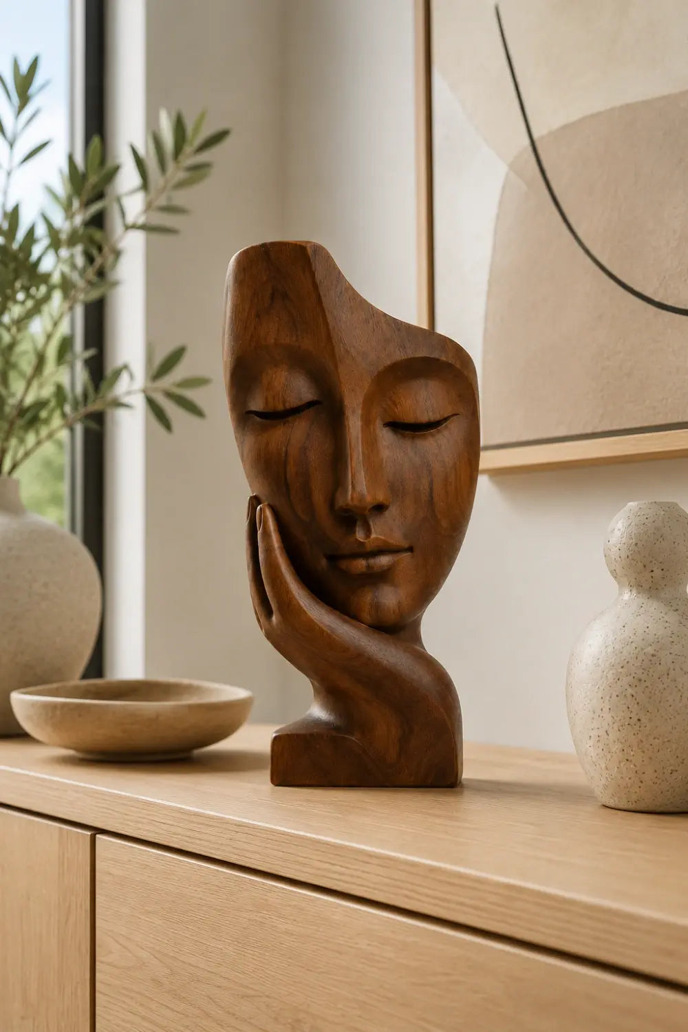 Abstract Face on Hand Wood Statue | Serene Meditation Room Decor