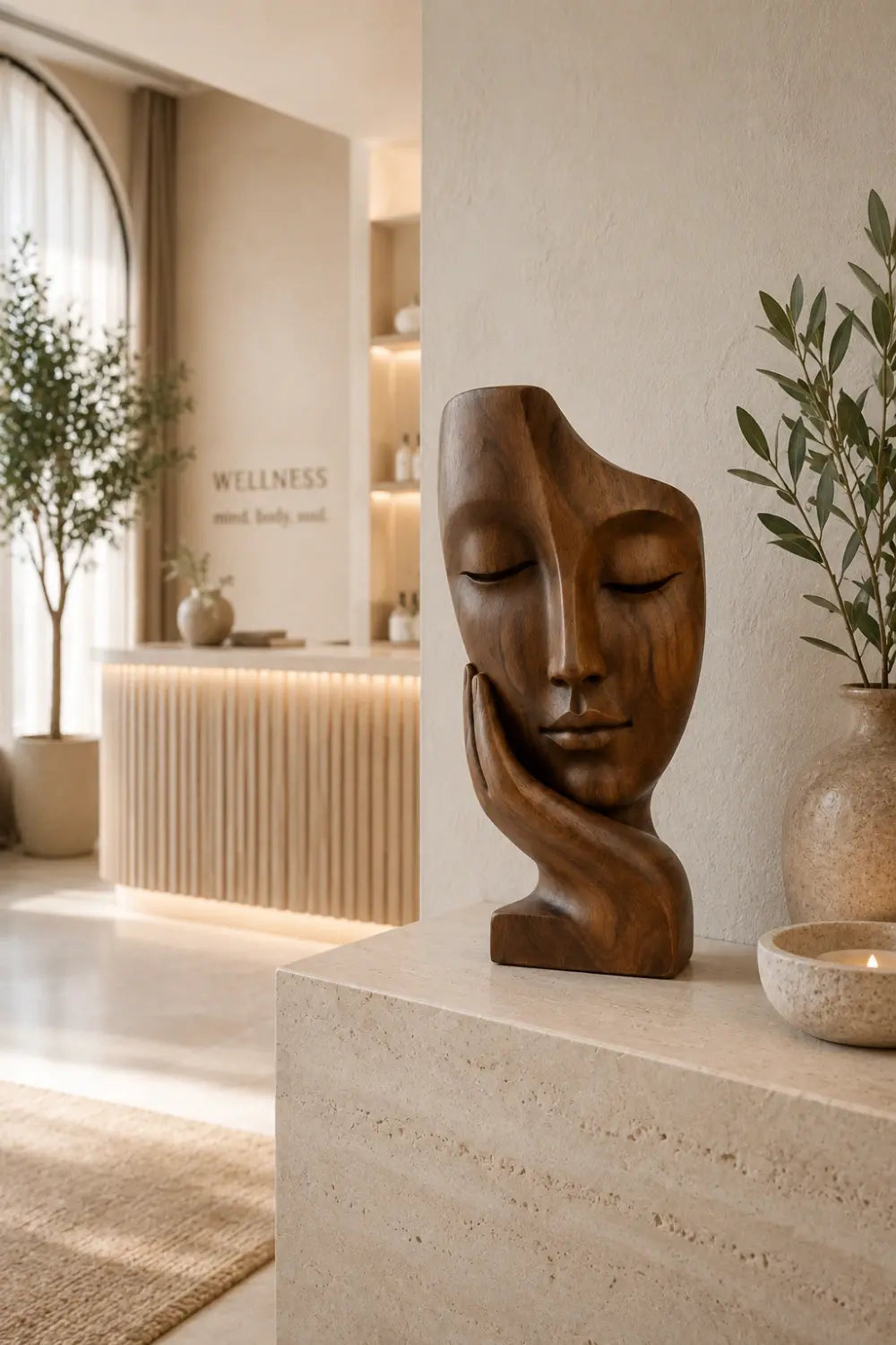 Abstract Face on Hand Wood Statue | Serene Meditation Room Decor