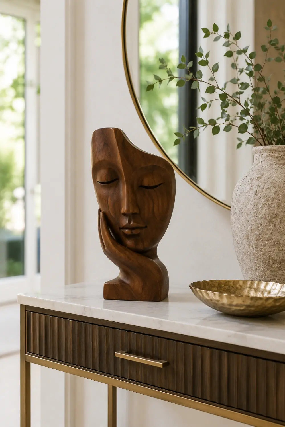 Abstract Face on Hand Wood Statue | Serene Meditation Room Decor