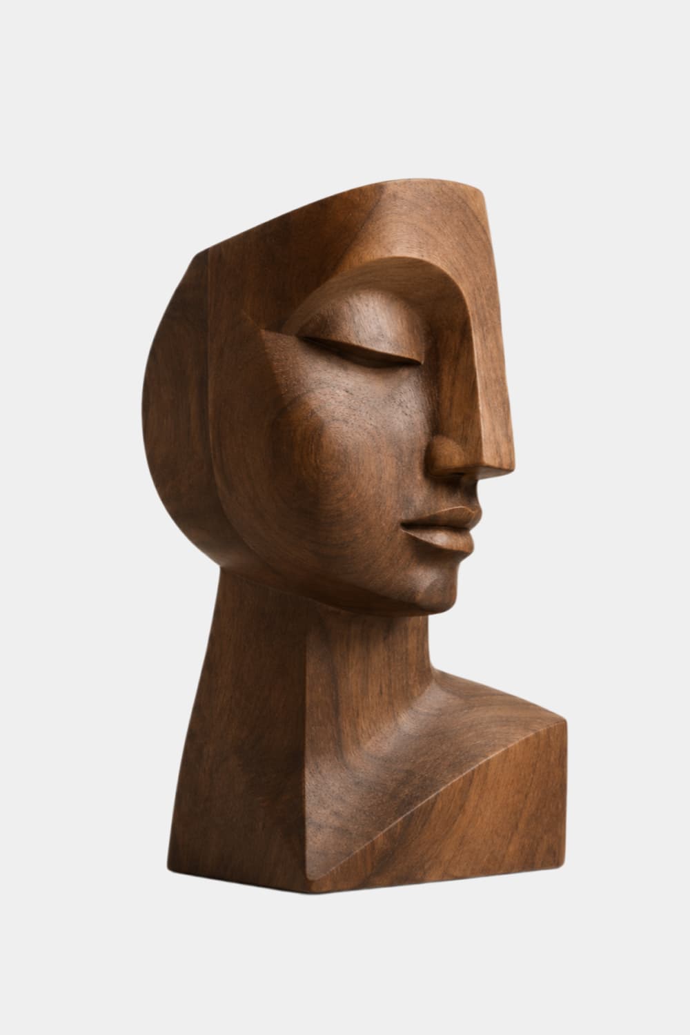 Cubist Wood Face Bust | Modernist Geometric Head Sculpture
