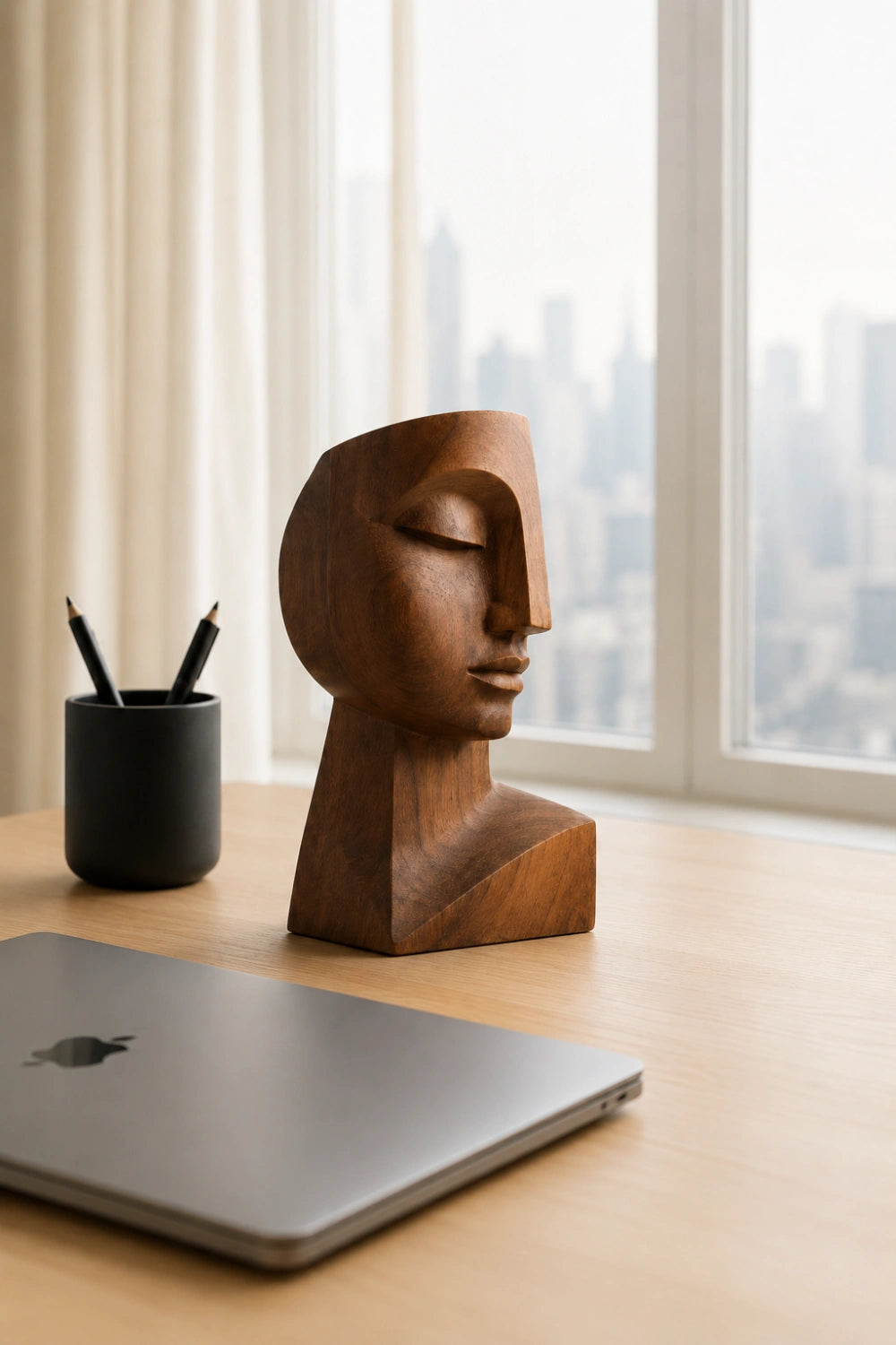 Cubist Wood Face Bust | Modernist Geometric Head Sculpture