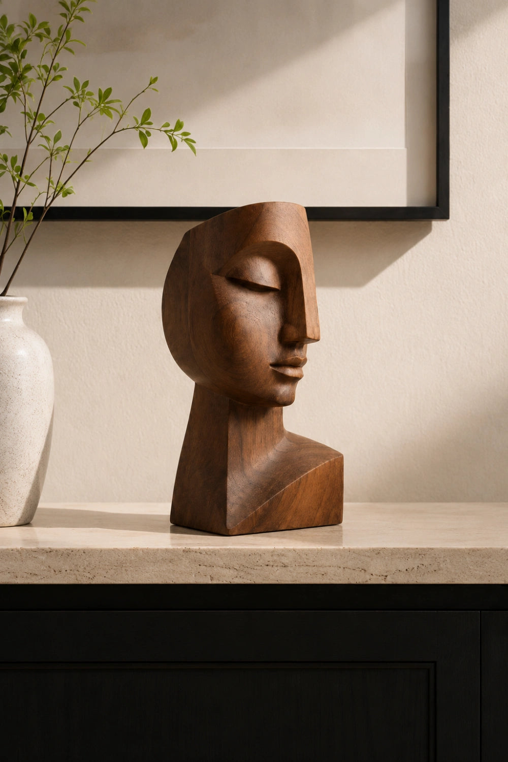 Cubist Wood Face Bust | Modernist Geometric Head Sculpture