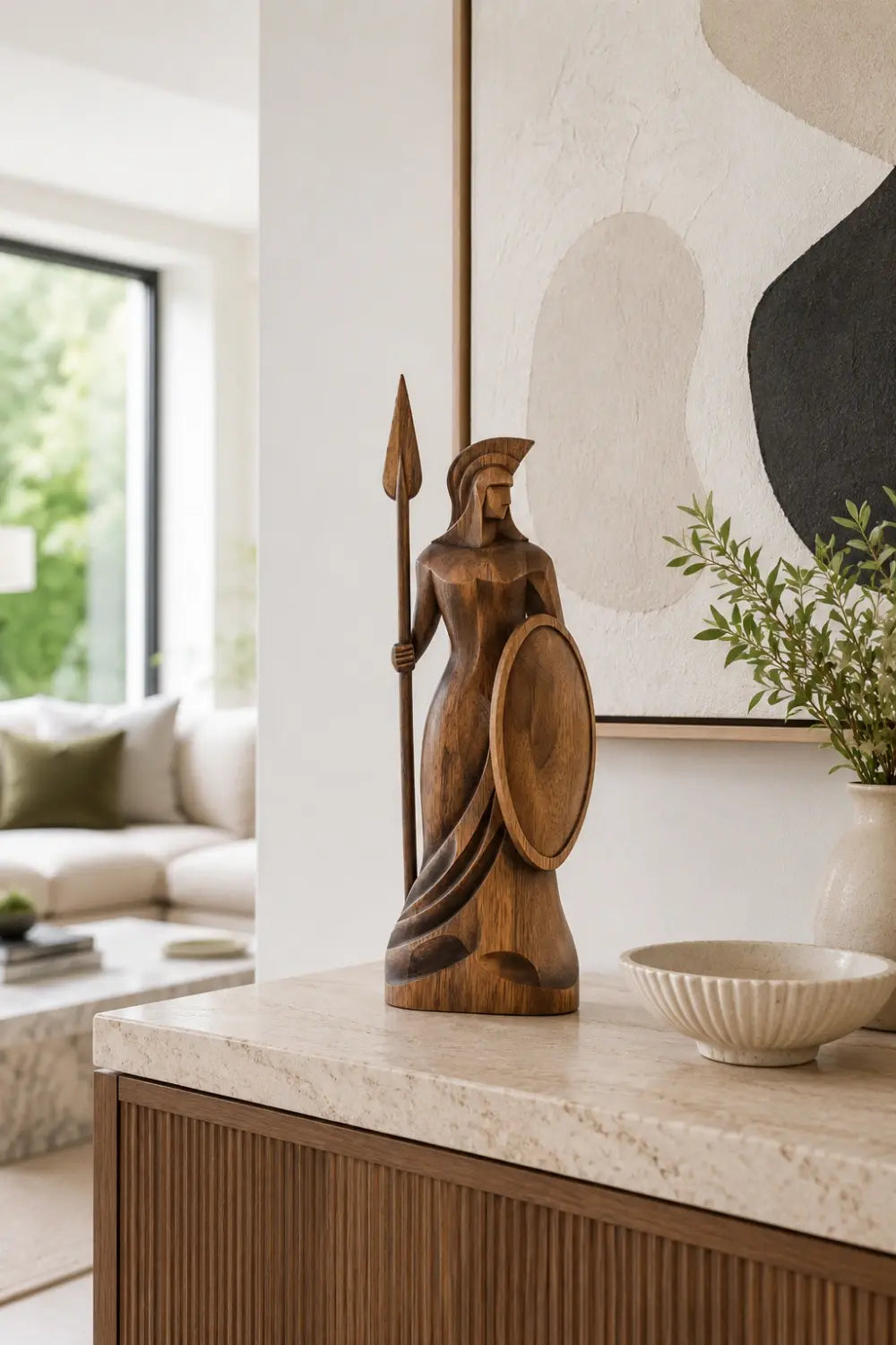 Classical Female Warrior Wood Statue | Heroic Antiquity Art Decor