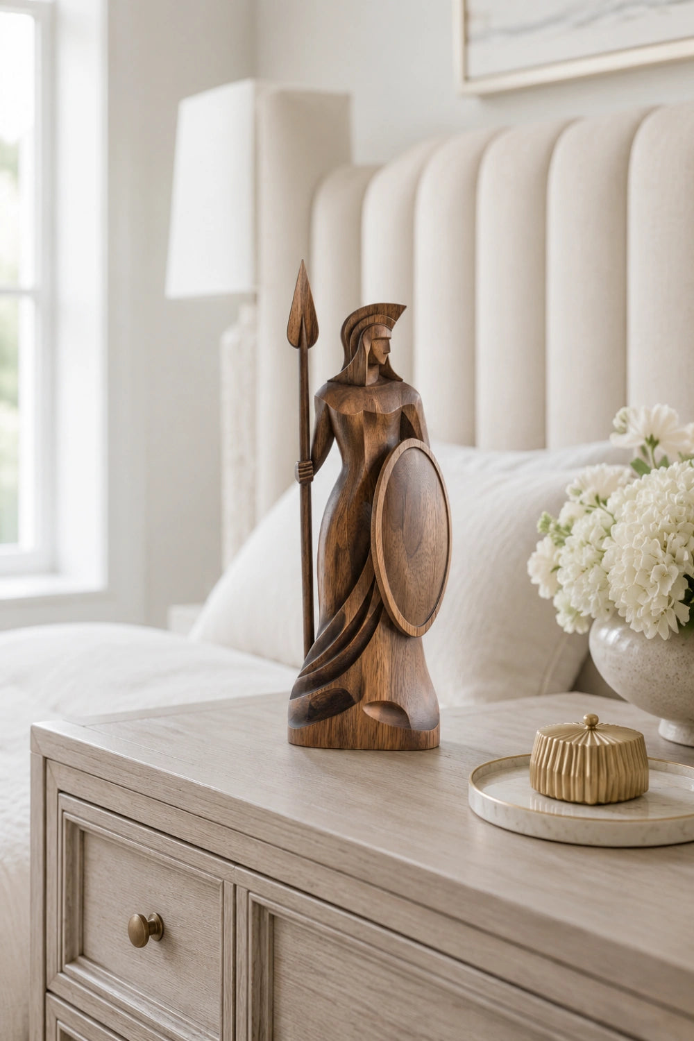 Classical Female Warrior Wood Statue | Heroic Antiquity Art Decor