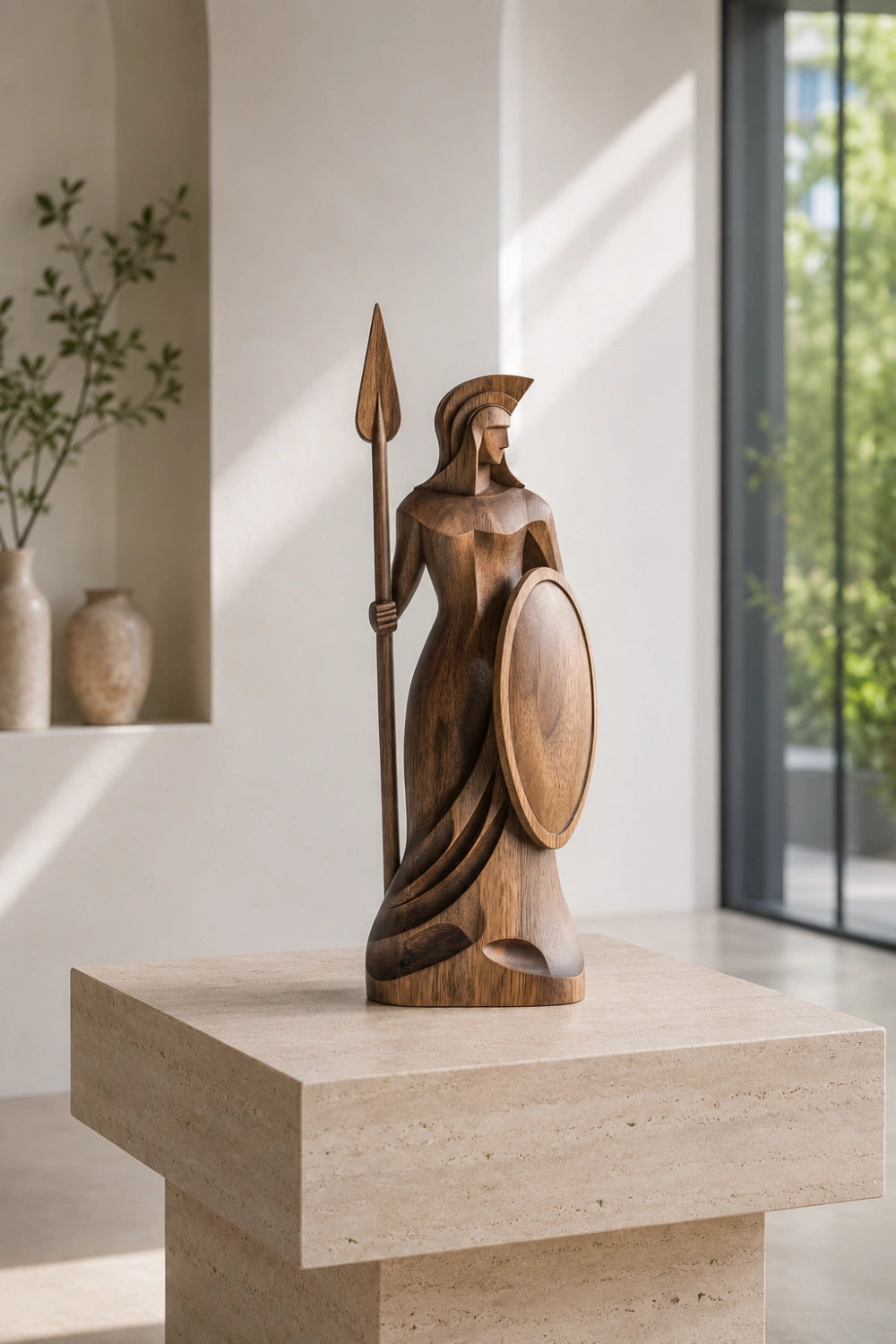 Classical Female Warrior Wood Statue | Heroic Antiquity Art Decor