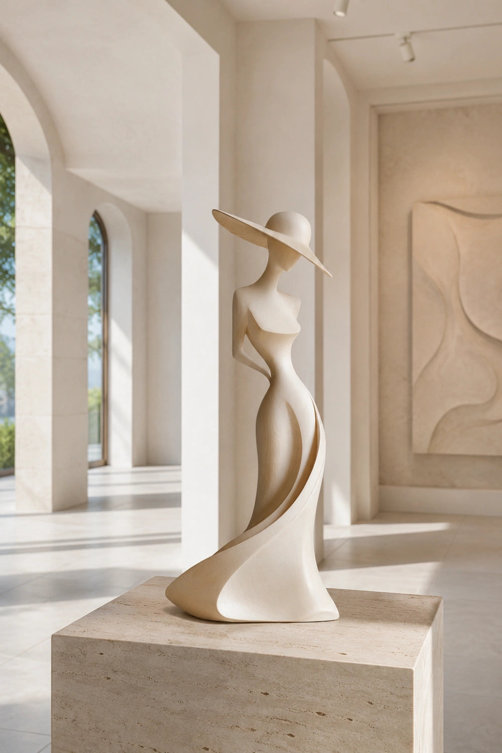 Carved Wood Woman Figurine | Elegant Lady Statue | Modern Dresser Decor