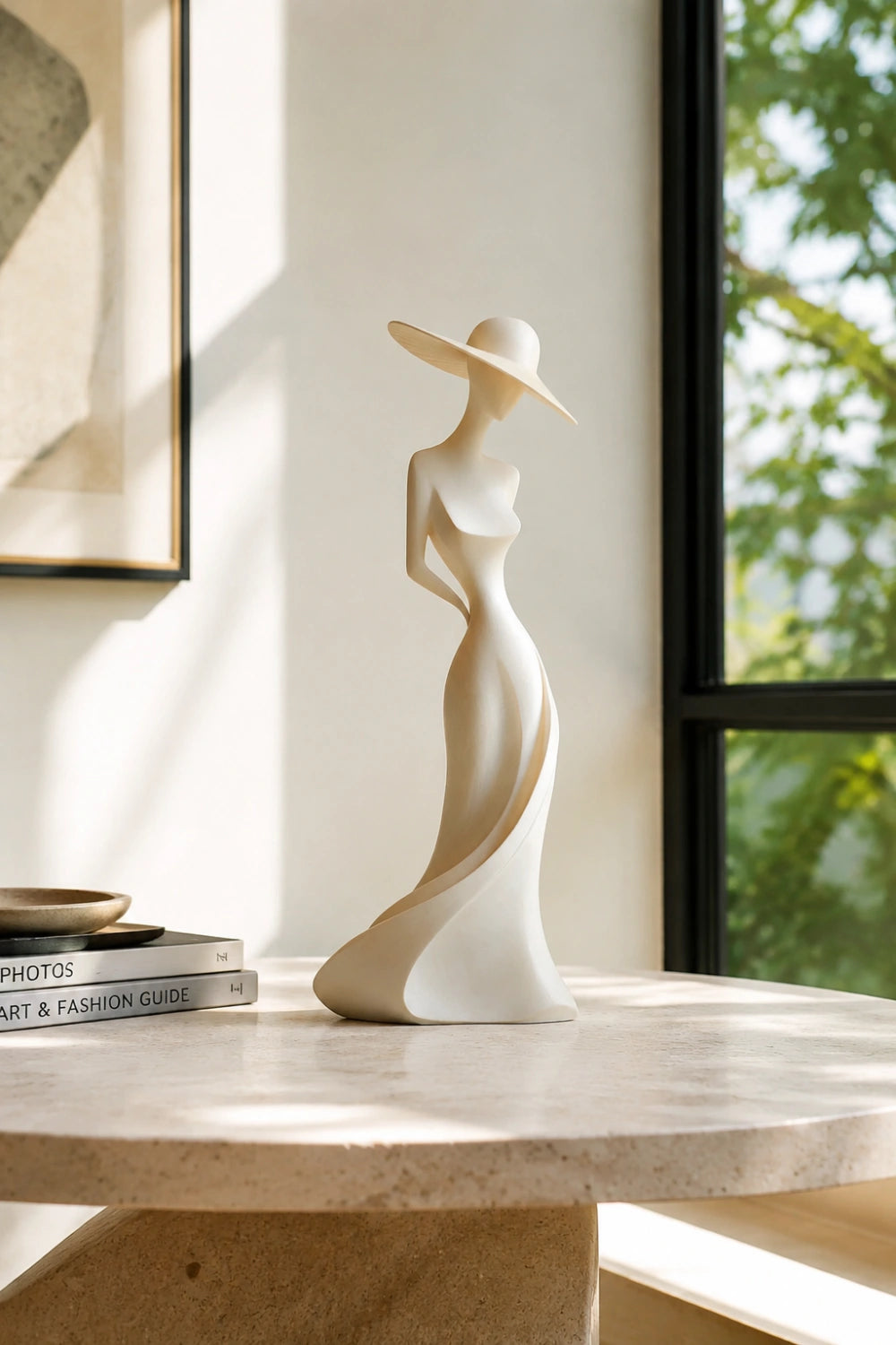 Carved Wood Woman Figurine | Elegant Lady Statue | Modern Dresser Decor