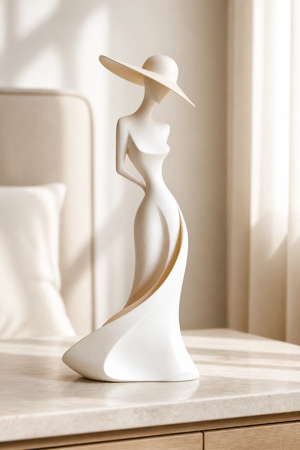 Carved Wood Woman Figurine | Elegant Lady Statue | Modern Dresser Decor