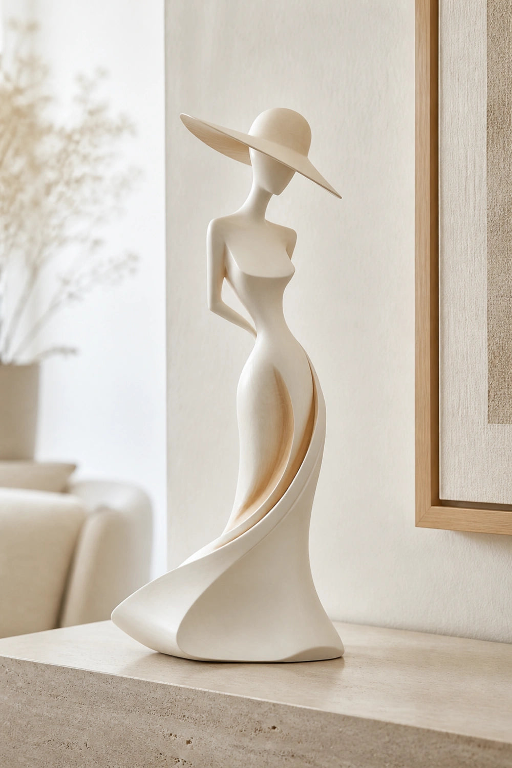 Carved Wood Woman Figurine | Elegant Lady Statue | Modern Dresser Decor
