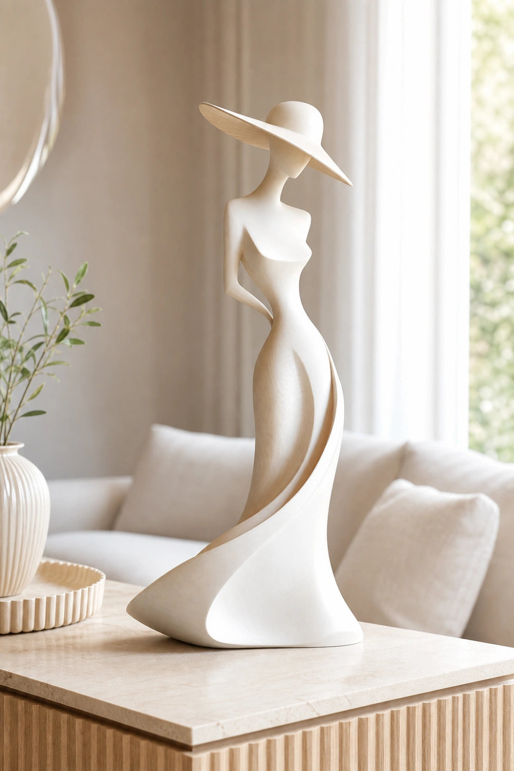 Carved Wood Woman Figurine | Elegant Lady Statue | Modern Dresser Decor