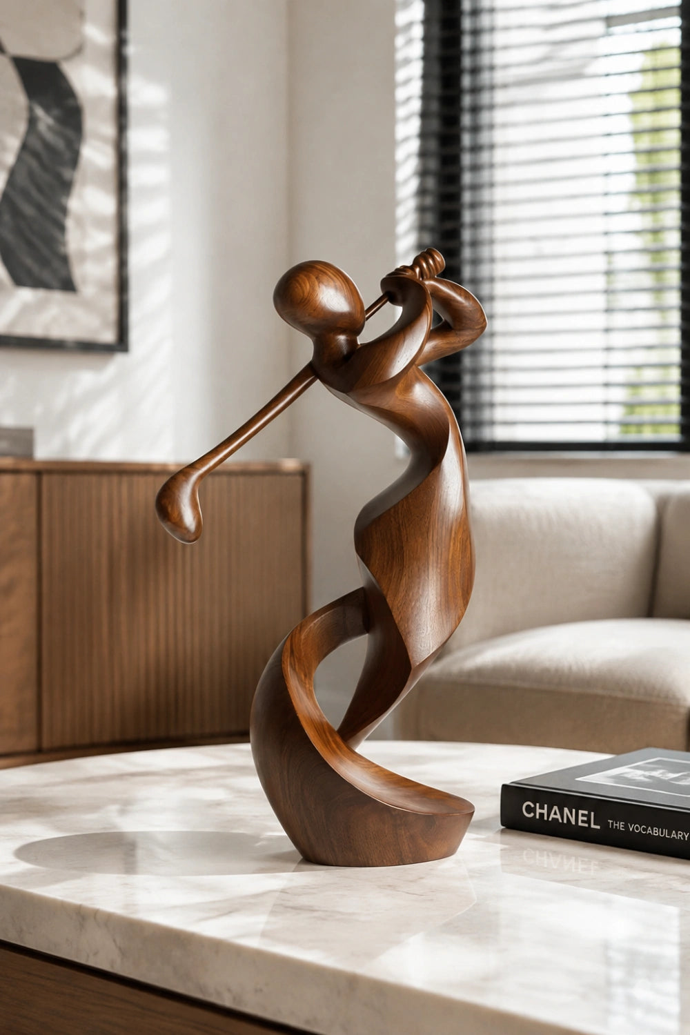 Carved Wood Golfer Sculpture | Abstract Golf Player Statue | Luxury Sports Decor