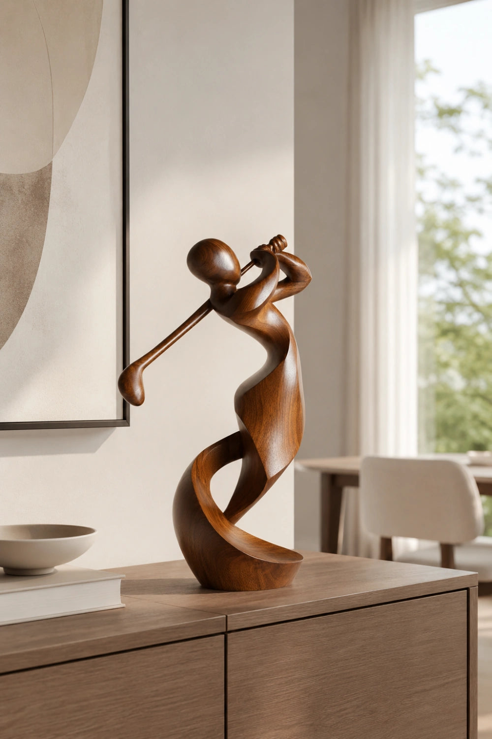 Carved Wood Golfer Sculpture | Abstract Golf Player Statue | Luxury Sports Decor