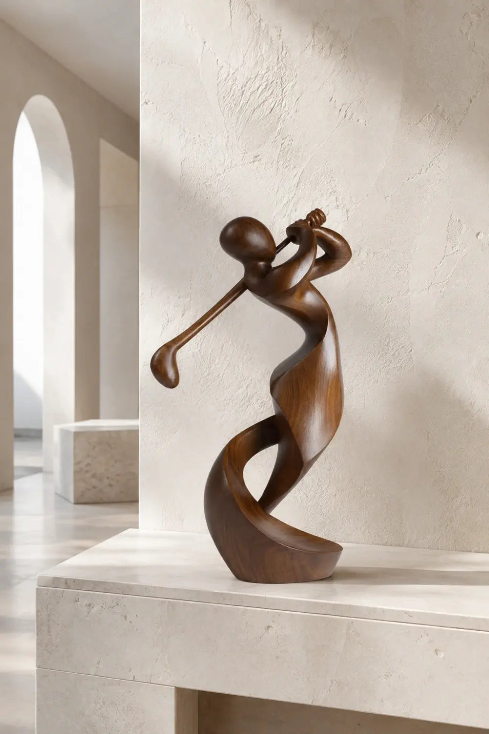 Carved Wood Golfer Sculpture | Abstract Golf Player Statue | Luxury Sports Decor
