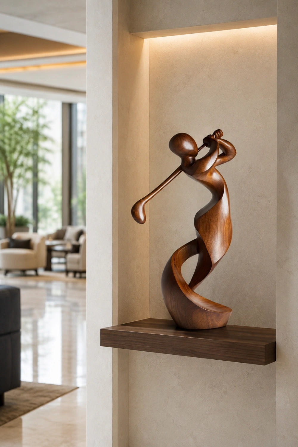 Carved Wood Golfer Sculpture | Abstract Golf Player Statue | Luxury Sports Decor