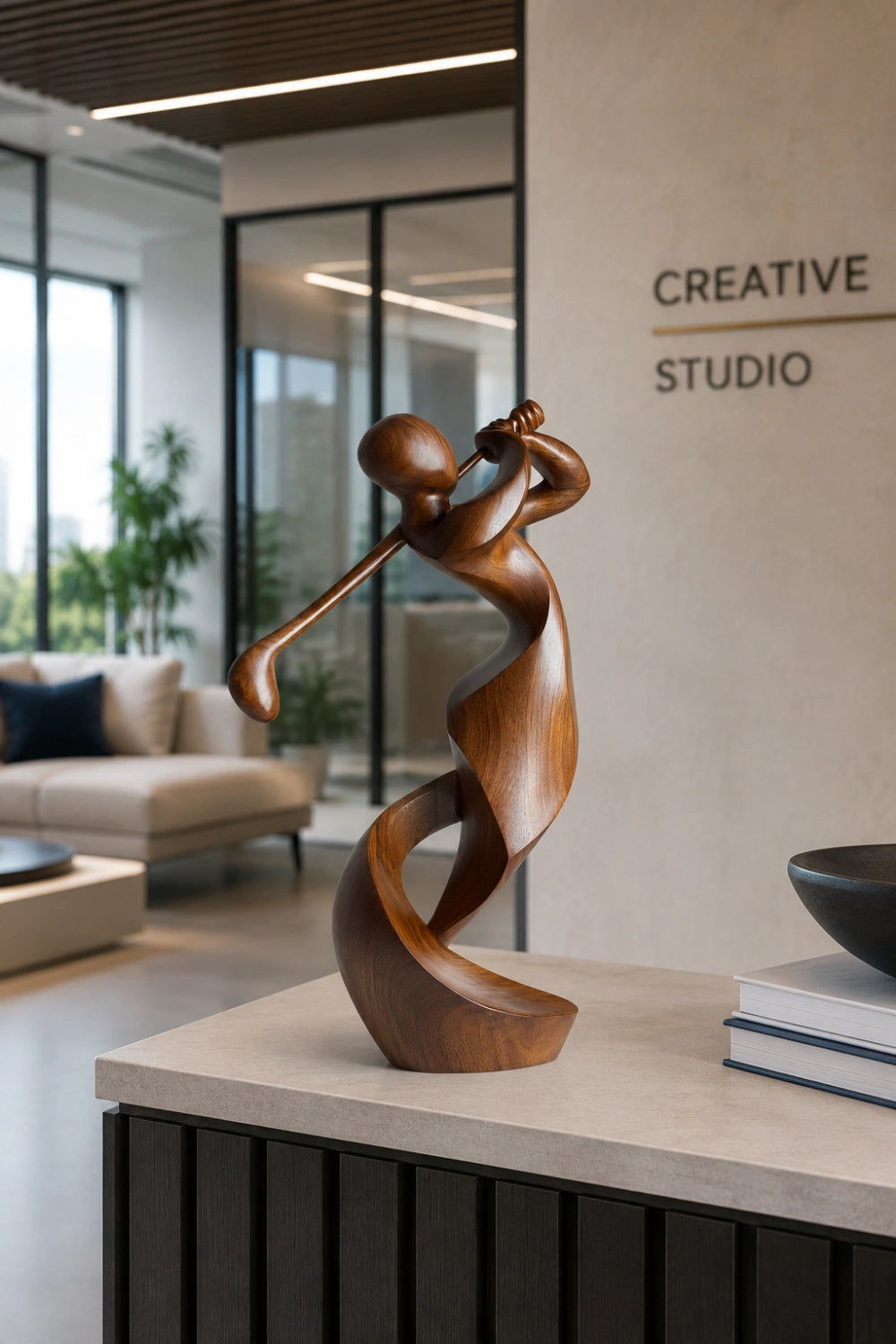 Carved Wood Golfer Sculpture | Abstract Golf Player Statue | Luxury Sports Decor
