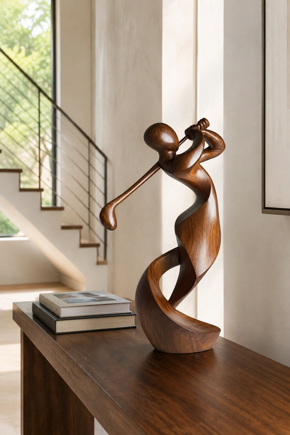 Carved Wood Golfer Sculpture | Abstract Golf Player Statue | Luxury Sports Decor